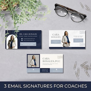 May include: Three email signature designs for coaches. Each design features a photo of a woman in a blazer. The designs are in shades of blue and white, with text including the coach's name, credentials, and contact information. The phrase "3 Email Signatures for Coaches" is at the bottom.