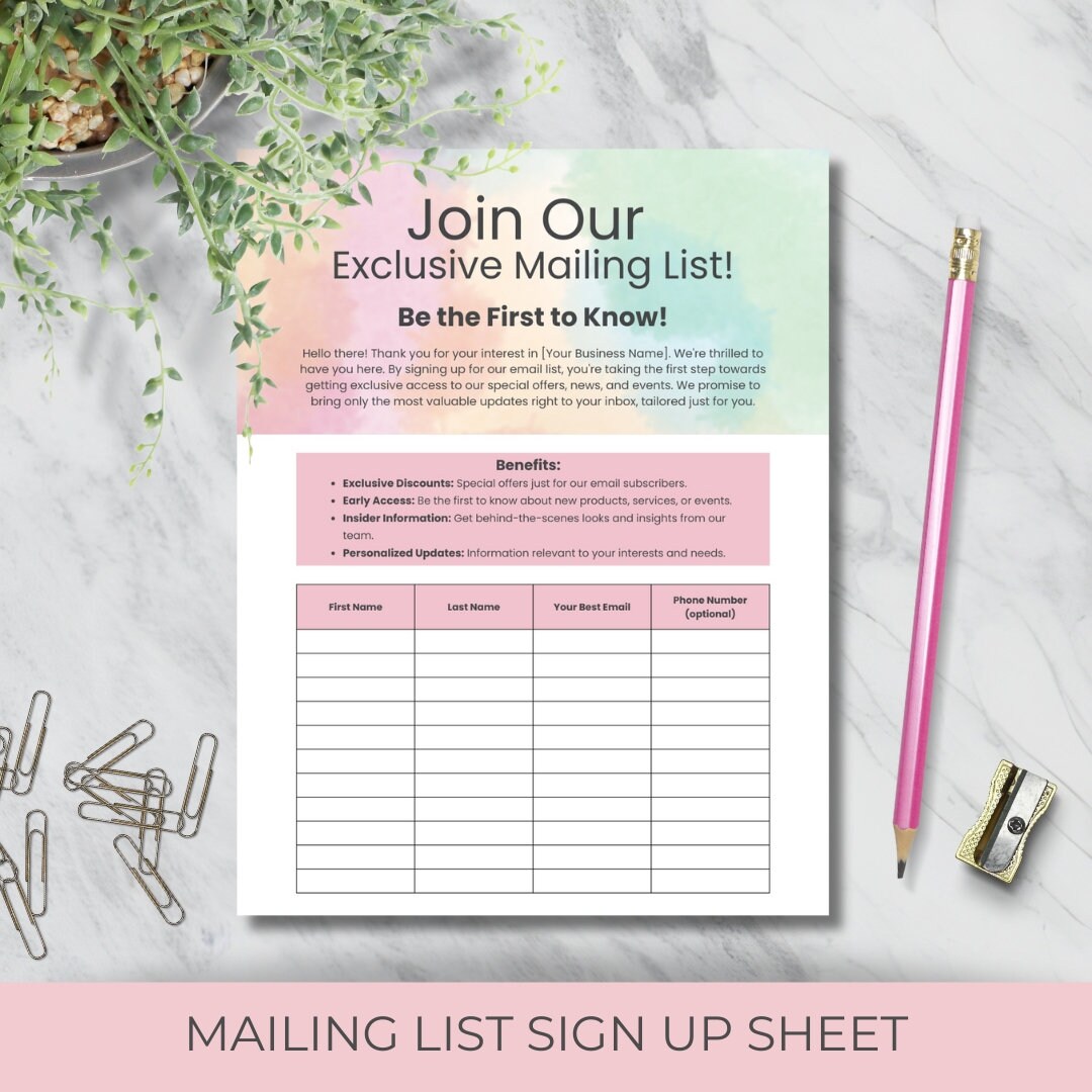 Mailing List Sign up Template for Businesses Editable and Printable