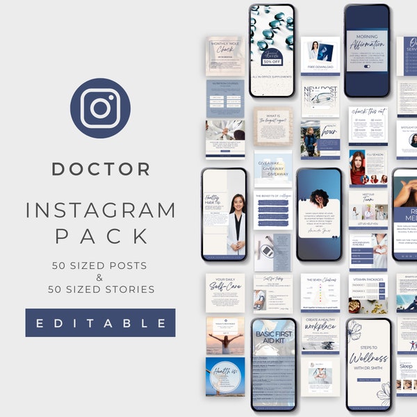Medical Doctor Instagram Pack, Hospital Social Media Posts, Instant Download, Blue Healthcare Templates For Professionals, Editable In Canva
