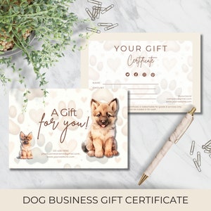 Plantilla de certificado de regalo para empresas caninas, perfecta para paseadores de perros, cuidadores, entrenadores y servicios de cuidado, marketing imprimible y editable