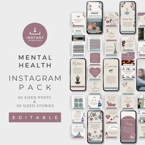 Plantillas de Instagram de Canva Mental Health, refuerzo de la participación en las redes sociales, descarga instantánea, marketing de terapeutas y consejeros, publicación de bienestar