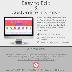 The image is a computer monitor displaying information about Canva and how to edit templates. There is also mention of a website called Prints of Love, which offers professional printing options for the customer.