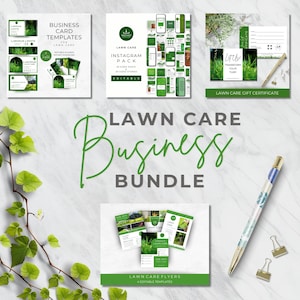 Komplettes Rasenpflege Business Template Bundle, bearbeitbare Visitenkarten, Geschenkgutschein, Flyer und Social-Media-Beiträge, Marketingmaterialien