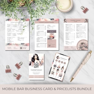 Mobile Bar Visitenkarte und Preisliste Vorlage im Bundle | Bearbeitbares und druckbares Marketing für Barkeeper, Barkeeper und Mixologen