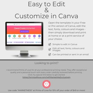 The image is a computer monitor displaying information about Canva and how to edit templates. There is also mention of a website called Prints of Love, which offers professional printing options for the customer.