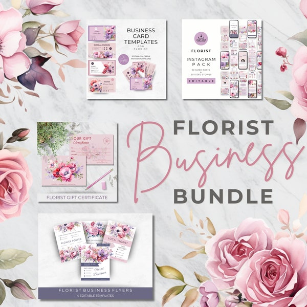 Florist Social Media Templates with Business Cards, Flyers and Gift Certificate Bundle, Editable Marketing for Flower Shop, Instant Download