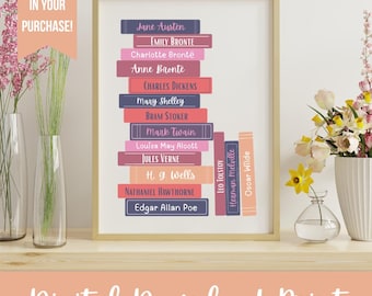 Classic Literature Book Stack Digital Download Print | Bookish Prints | Classic Literature Gifts Printable Art | Book Gift Ideas Book Lover