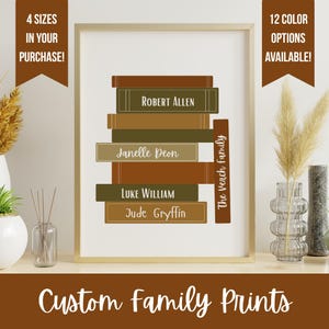 May include: A framed custom family print featuring stacked book designs with family names. The print includes the text "4 sizes in your purchase!" and "12 color options available!" The bottom of the print reads "Custom Family Prints."