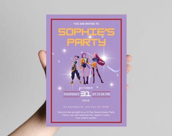 May include: A purple party invitation with the text "SOPHIE'S PARTY" in yellow. The invitation features illustrations of three figures and the date "OCTOBER 31, 2026". Additional text includes the time, address, and a party description.