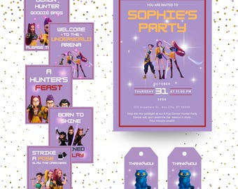Party Bundle K-Pop Demon Hunter | Editable Canva Invitation, Printable Tags & Party Signs