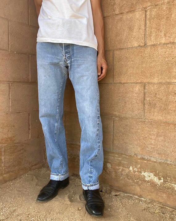 Vintage Levi Strauss Levis LVC selvedge 501XX mid blue denim jeans workwear  work chore 34” x 31” made in USA hidden rivet