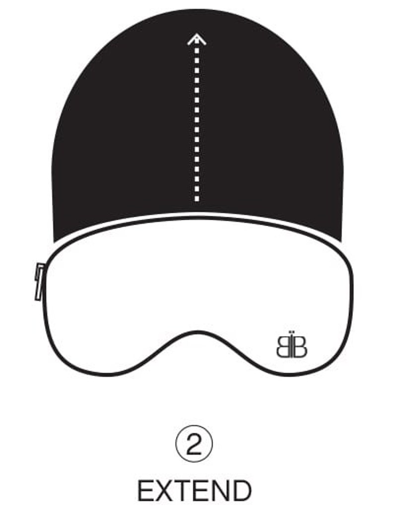May include: A black sleep mask with a white butterfly logo and the word "EXTEND" in a circle with the number "2" inside. The mask is shown with an arrow pointing upwards, indicating that it can be extended.