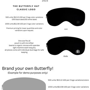May include: Two black sleep masks with a butterfly logo. The masks are labelled "Noir" and "Atala". The text "Brand your own Butterfly!" is displayed below the masks. The text "(Example for demo purposes only)" is displayed below the text "Brand your own Butterfly!"