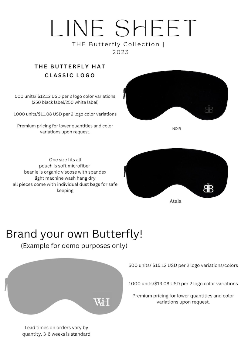 May include: Two black sleep masks with a butterfly logo. The masks are labelled "Noir" and "Atala". The text "Brand your own Butterfly!" is displayed below the masks. The text "(Example for demo purposes only)" is displayed below the text "Brand your own Butterfly!"