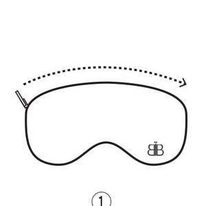May include: A black and white illustration of a sleep mask with a zipper. The illustration shows an arrow pointing to the zipper, indicating that the mask should be unzipped. The text "UNZIP" is below the illustration, and the number "1" is in a circle above the text.