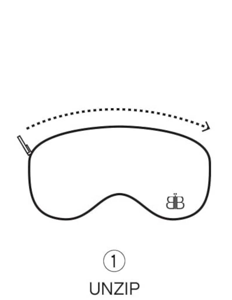 May include: A black and white illustration of a sleep mask with a zipper. The illustration shows an arrow pointing to the zipper, indicating that the mask should be unzipped. The text "UNZIP" is below the illustration, and the number "1" is in a circle above the text.