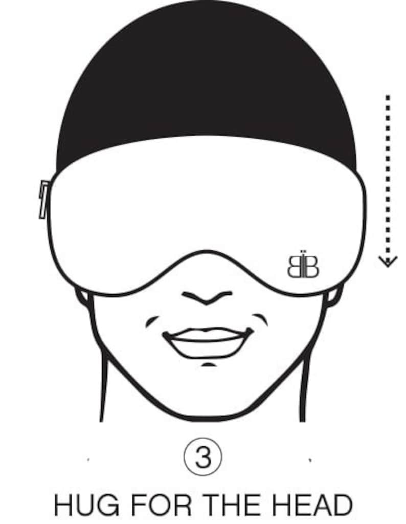 May include: A black sleep mask with a white butterfly logo. The mask is shown on a person's face, with the text "HUG FOR THE HEAD" below the image.
