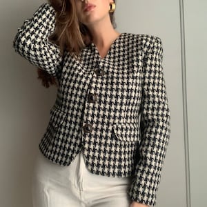 Vintage 70s houndstooth woolen blazer check black and white L 40 M 38 jacket