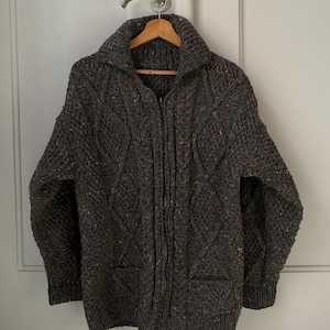 Vintage knitted sweater, wool handmade sweater, wool cardigan, vintage zipper cardigan, zipper polo cardigan, wool brown sweater, braided