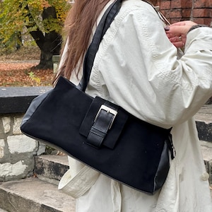 Vintage leather bag, suede black handbag, vintage bag baguette, classy vintage bag, vintage purse, real leather vintage handbag, retro  bag