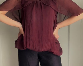 blouse kimono en soie vintage bordeaux top tunique en pure soie taille unique