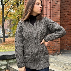 Vintage knitted sweater, wool handmade sweater, wool cardigan, vintage zipper cardigan, zipper polo cardigan, wool brown sweater, braided