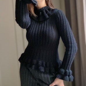 Vintage wool sweater, vintage wool turtleneck, black wool turtleneck, ruffled sweater, vintage black sweater, black wool top, romantic top