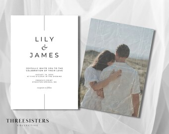 Minimalist Wedding Invitation, Front and Back Wedding Invitation, Classy Black and White Wedding Invitation, Modern Elegant Wedding Invite