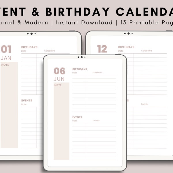 Event & Birthday Calendar, 13 Printable Pages, Minimal and Modern, Birthday Planner, Event Planner, Birthday Reminder, 2023 Calendar