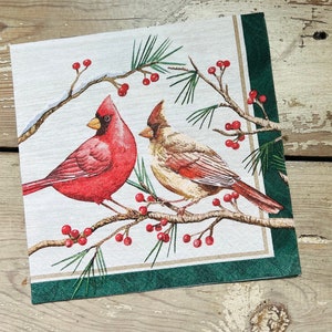 3 Birds & Berries Holiday Paper Napkins-Decoupage Crafts