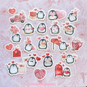 Sticker pingouin mignon Saint-Valentin, autocollants pingouin kawaii, autocollant Saint-Valentin, autocollants faits main, amour, coeurs, autocollants roses mignons, cadeau