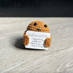 May include: A small crocheted potato holding a sign that reads "Positive potato I may be a tiny potato, but I believe in you Go do your thing!"