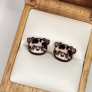 Wood Cute Cow Stud Earrings