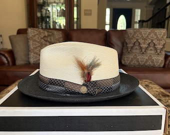Stetson Andover Florentine Milan Straw Ivory and Black 7 3/4 Premium Fedora!