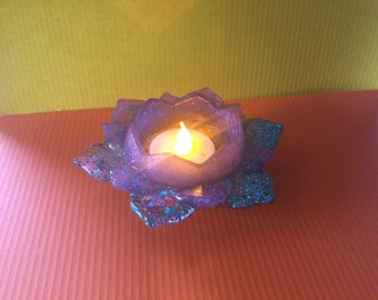 Beautiful handmade Lotus flower tea light holder, inside has dried flowers, Amethyst gemstones, glitter and mica powder, handmade with Love