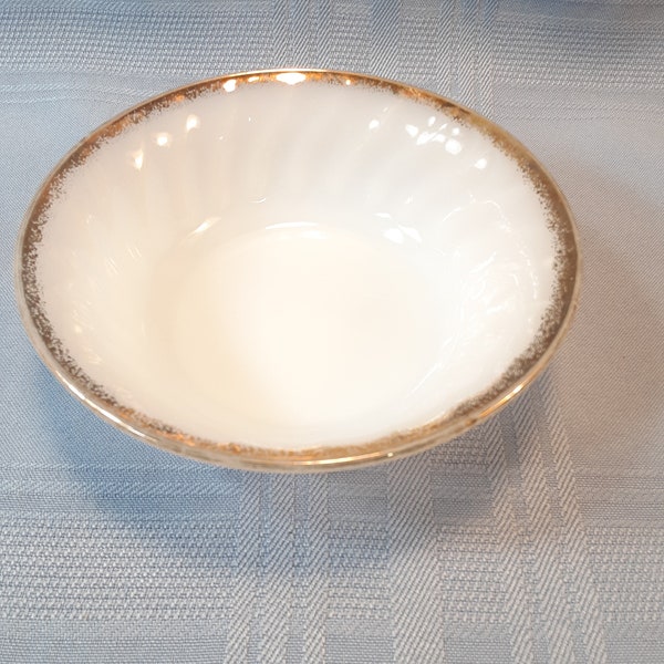 One Fire King Ovenware Berry Bowl White Milk Glass Gold Trim Subtle Swirl sides