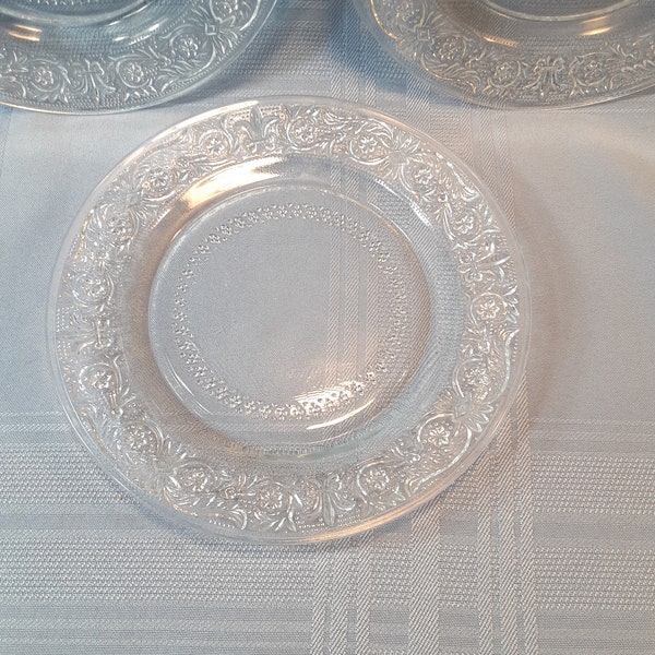 Four Clear Pressed Glass Trellis Pattern Dessert Plates  Sandwich Glass