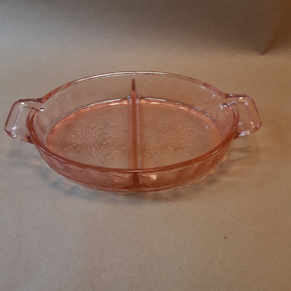 Pink Oval Divided Floral Handled Relish Dish  Jeannette Glass Co. Depression Glass  Poinsettia Flower Design in the Pink Glass