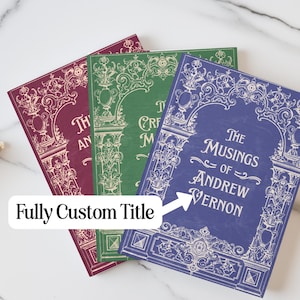 May include: Three hardcover books in burgundy, green, and blue, each with ornate white designs and text. The blue book reads "The Musings of Andrew Vernon." The text "Fully Custom Title" is also visible.
