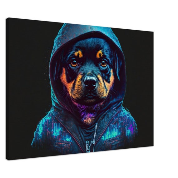 Picture Cute Baby Rottweiler Dog Cyberpunk Style as Canvas Wall