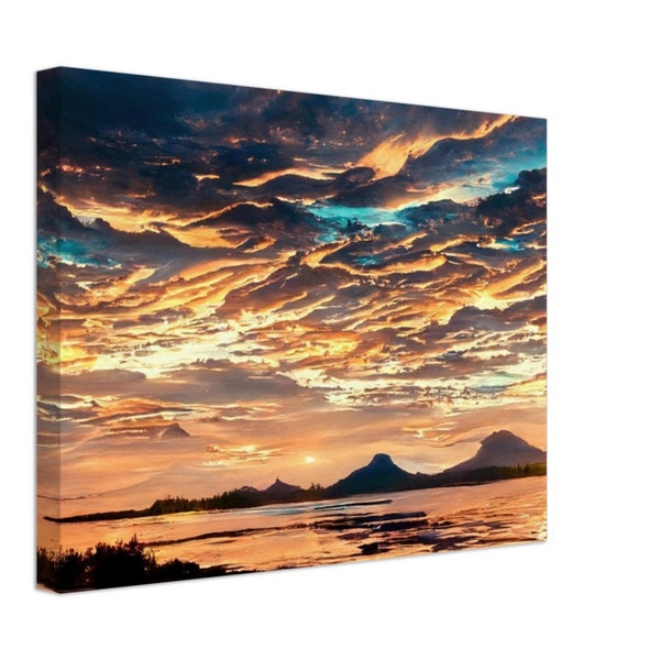 Bild Wunderschöner Sonnenuntergang am Meer mit Wolken und Bergen  als Leinwand Kunstdruck Wandkunst auch als Geschenk in xxl