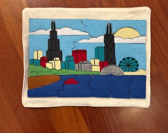 Rompecabezas de fieltro suave del horizonte de Chicago, 38 piezas - Incluye tapete y bolsa