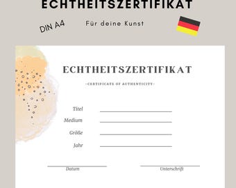 Certificaat van Echtheid Kunst Kunstenaar Certificaat abstract DINA4 Duits