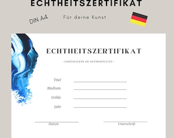 Certificaat van Echtheid Kunstkunstenaar Certificaat abstracte aquarel DINA4 Duits
