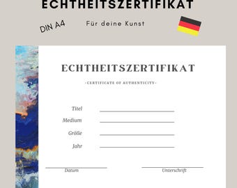 Certificaat van Echtheid Kunst Kunstenaar Certificaat abstract DINA5 Duits