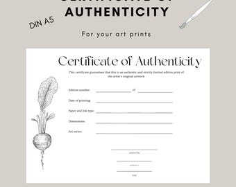 Certificaat van Echtheid Kunstdrukken tekening DIN A 5 certificaat digitale download