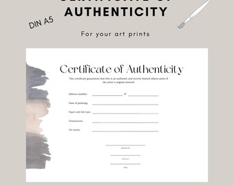 Certificaat van Echtheid Kunstdrukken aquarel DIN A 5 certificaat digitale download