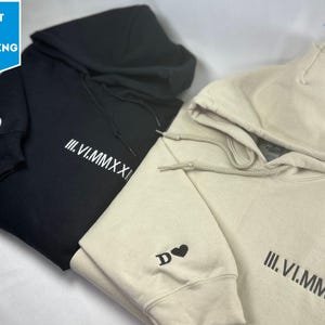 Custom Embroidered Roman Numeral Hoodie with Initial on Sleeve, Personalized Gift, Anniversaries Gifts, Valentine&#39;s Day Gift, Christmas Gift