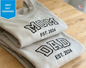 Embroidered Dad Est Sweatshirt, Custom Mom Embroidery Gifts, Gift Tee For New Dad, Embroidered Grandpa Sweatshirt