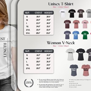The image is a collage of various t-shirt designs and sizes, including a woman's chest and neck sizes, as well as color charts and a chart for the "Unisex T-Shirt".